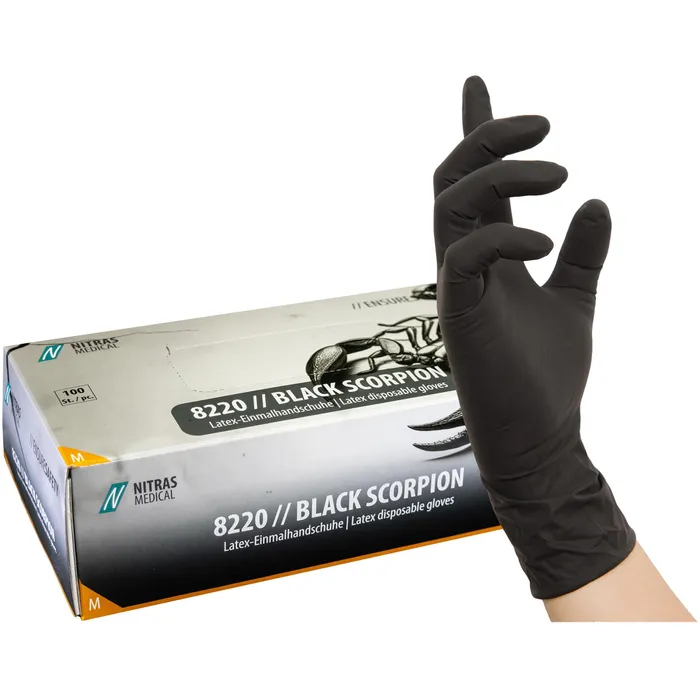Nitras Black Scorpion 8220 Box mit schwarzem Latex Einmalhandschuh an der Hand, 100 Stück