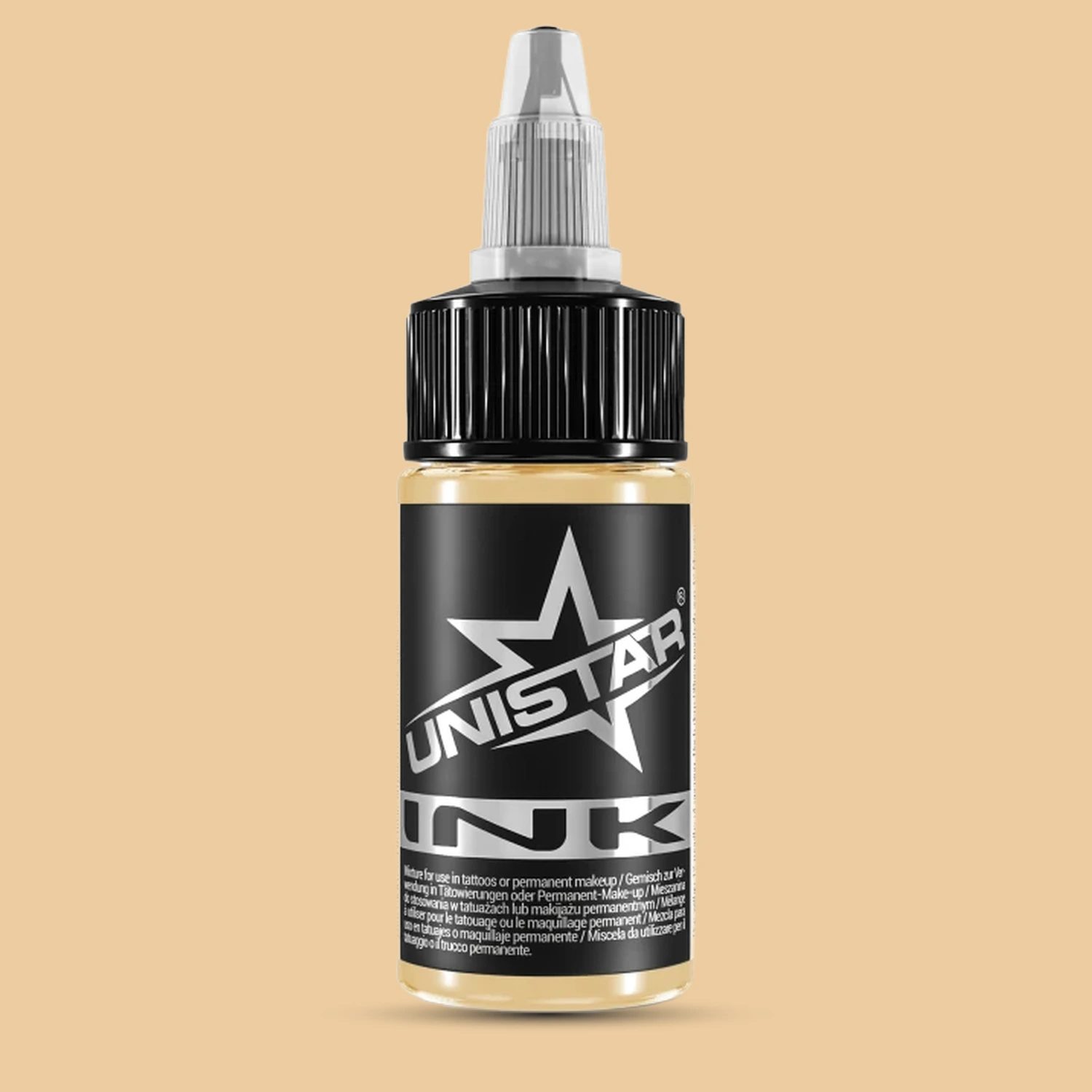 Unistar Tan Tattoofarbe in der 30-ml-Flasche vor einem Hintergrund im Farbton der Farbe, braune Tattoofarbe