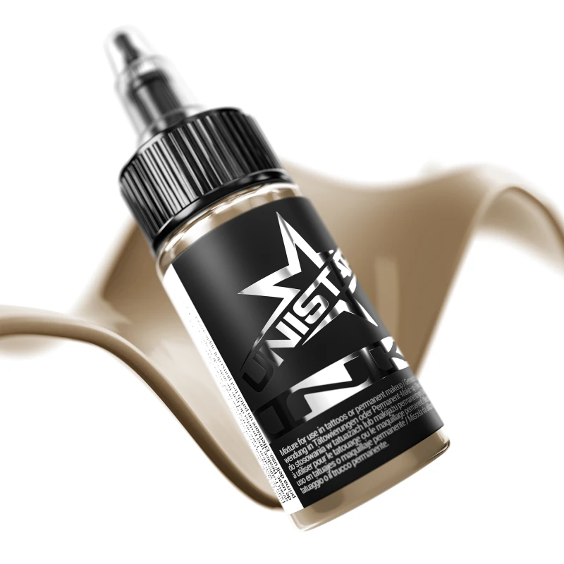 Unistar Light Brown als Farbschwung um die 30-ml-Flasche, braune Tattoofarbe