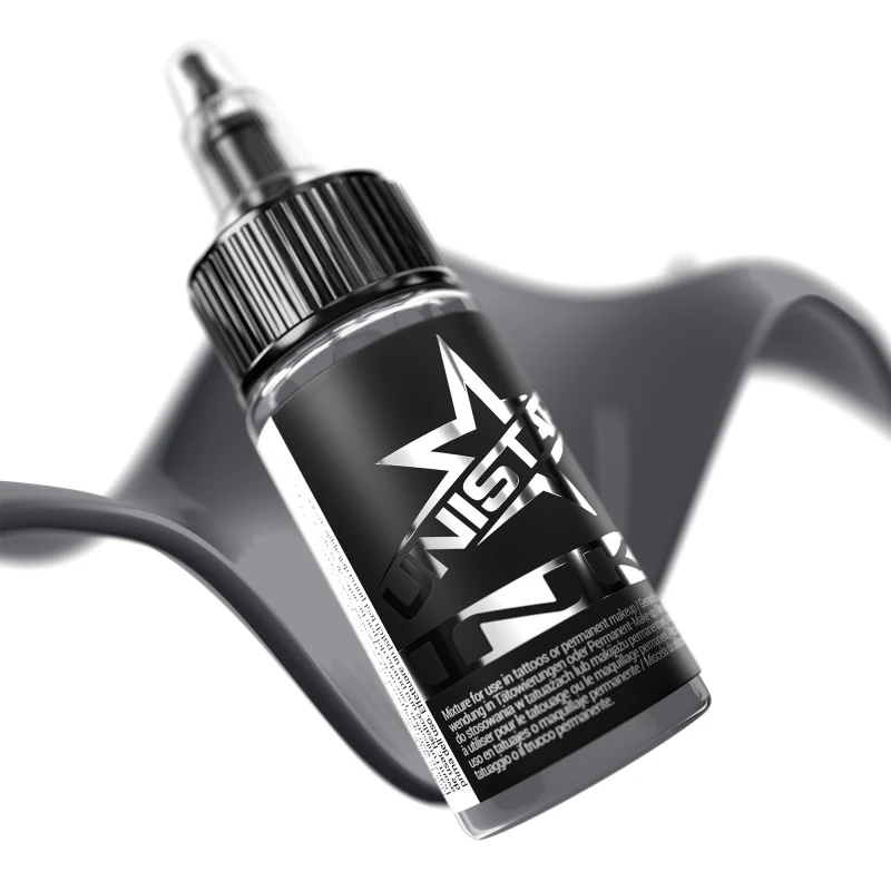 Unistar Solid Gray #4 als Farbschwung um die 30-ml-Flasche, graue Tattoofarbe