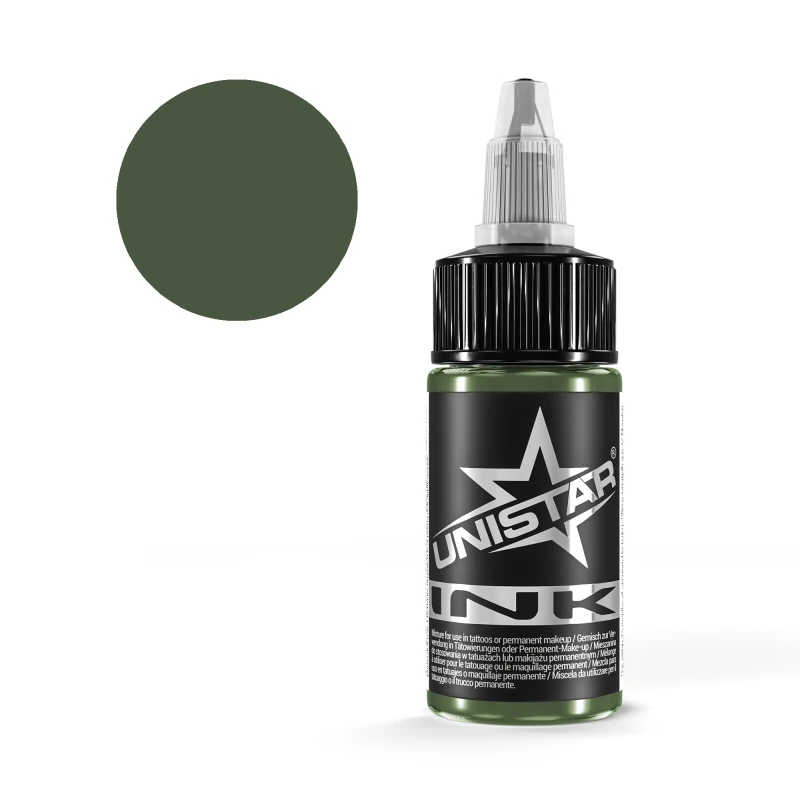 Unistar Dark Green Tattoofarbe in der 30-ml-Flasche mit Farbmuster, grüne Tattoofarbe