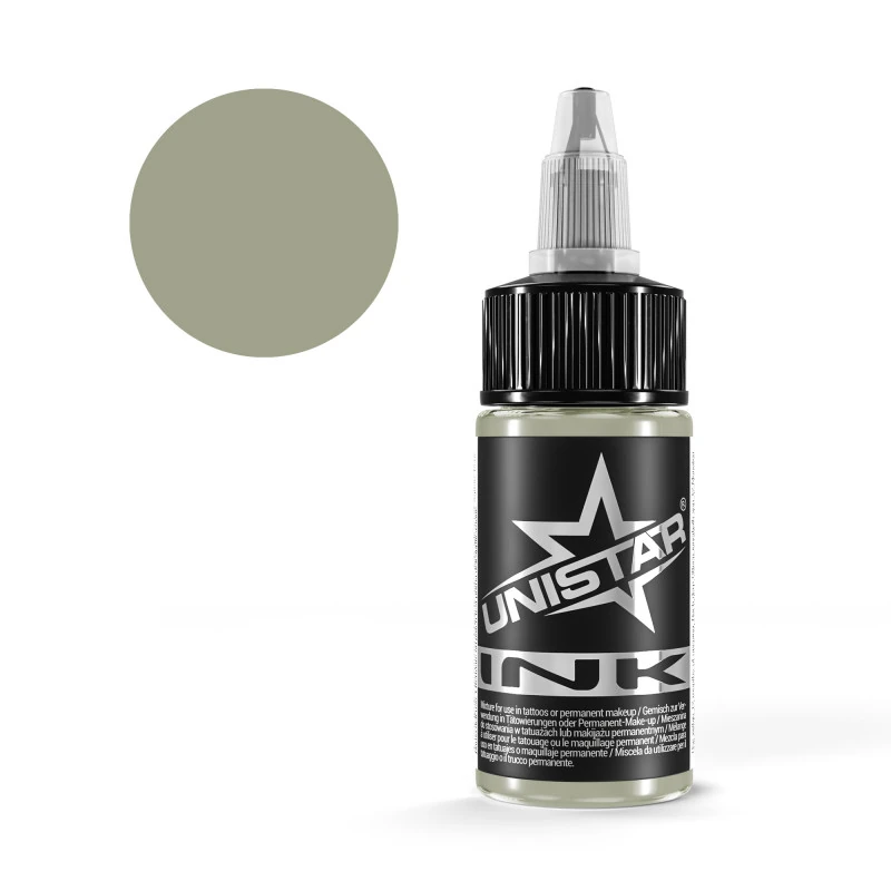 Unistar Frost Gray Tattoofarbe in der 30-ml-Flasche mit Farbmuster, graue Tattoofarbe