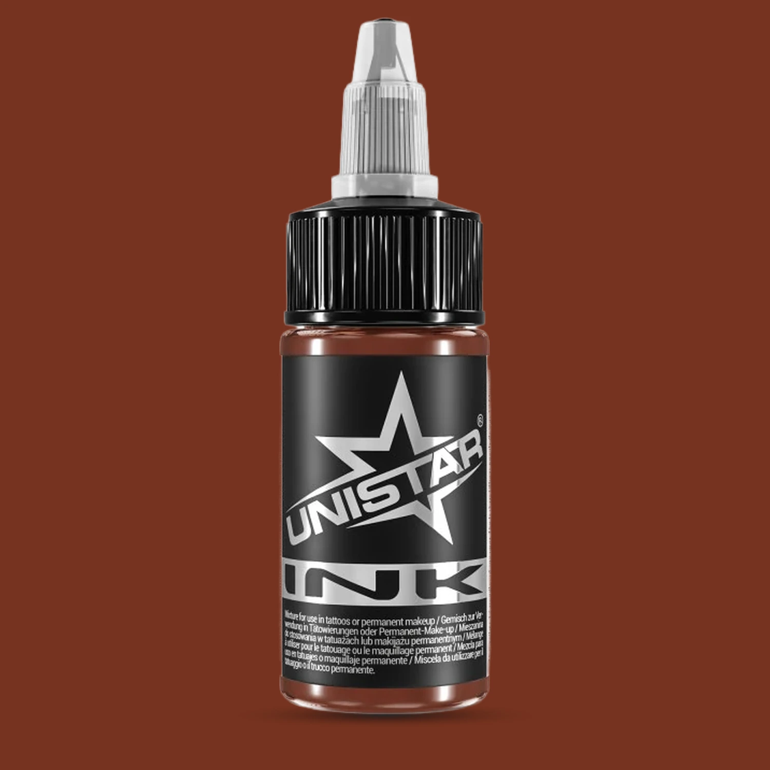 Unistar Brick Wall Tattoofarbe in der 30-ml-Flasche vor einem Hintergrund im Farbton der Farbe, braune Tattoofarbe