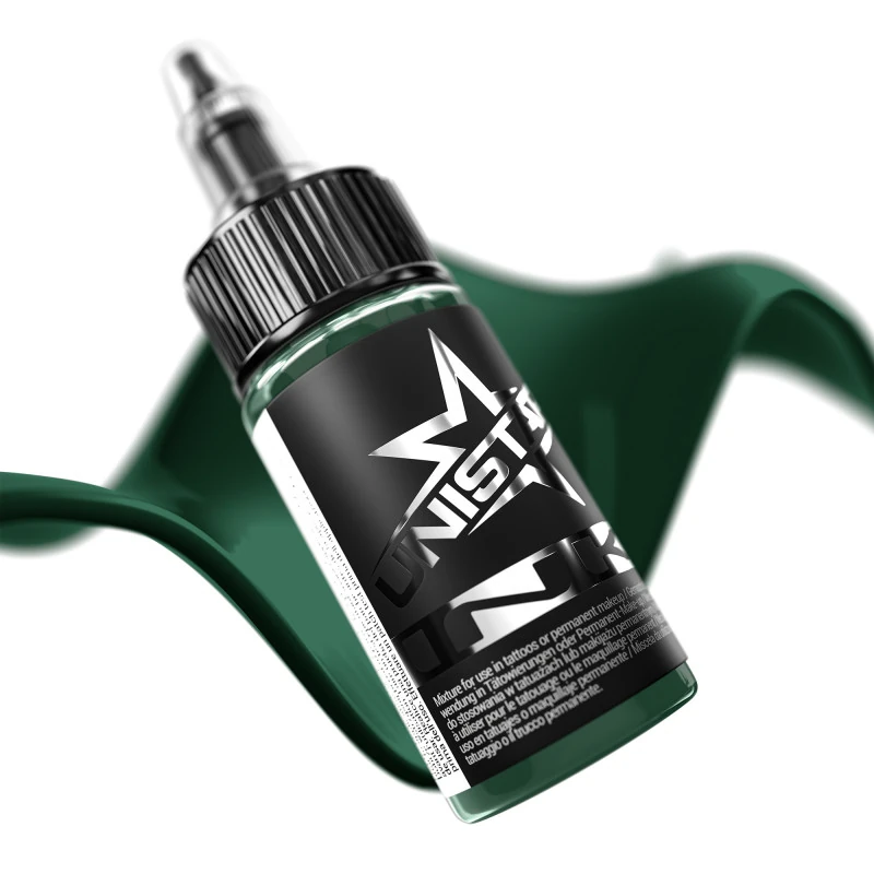 Unistar Deep Green als Farbschwung um die 30-ml-Flasche, grüne Tattoofarbe