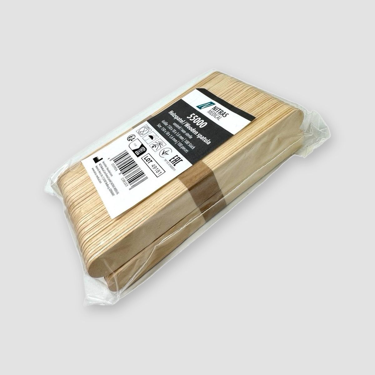 Packung Nitras Holzspatel 55000 schräg von der Seite, 100 Einweg Holzspatel in Folie
