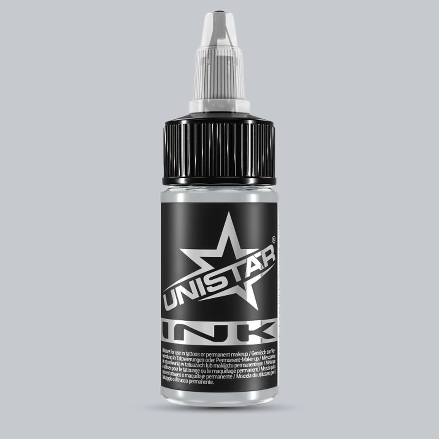 Unistar Basic Gray Light Tattoofarbe in der 30-ml-Flasche vor einem Hintergrund im Farbton der Farbe, graue Tattoofarbe
