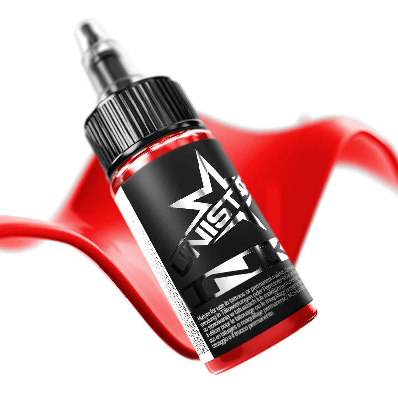 Unistar Top Basic Red als Farbschwung um die 30-ml-Flasche, rote Tattoofarbe