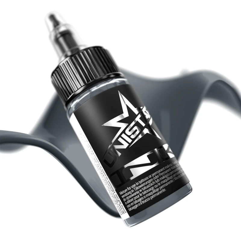 Unistar Blue Gray 3 als Farbschwung um die 30-ml-Flasche, graue Tattoofarbe