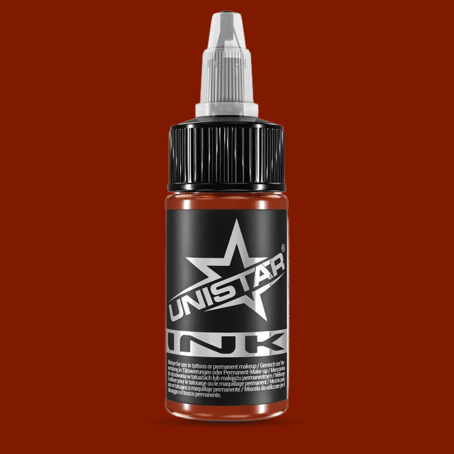 Unistar Tomato Red Tattoofarbe in der 30-ml-Flasche vor einem Hintergrund im Farbton der Farbe, rote Tattoofarbe