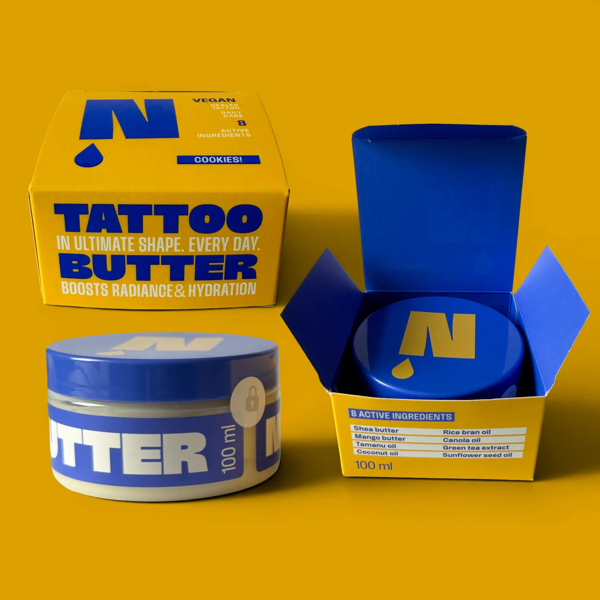 NEBA Tattoo Butter Cookies 100 ml geöffnete Verpackung mit Dose