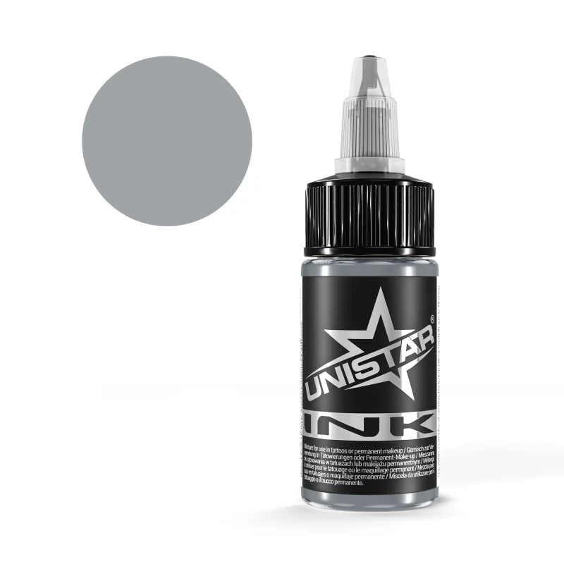 Unistar Basic Gray Medium Tattoofarbe in der 30-ml-Flasche mit Farbmuster, graue Tattoofarbe