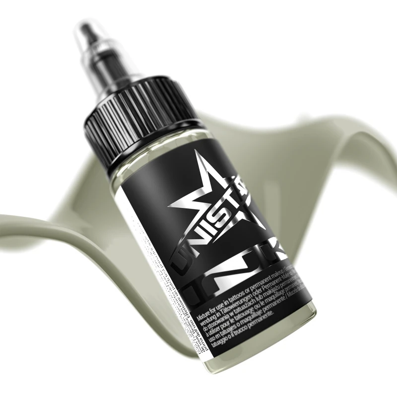 Unistar Frost Gray als Farbschwung um die 30-ml-Flasche, graue Tattoofarbe