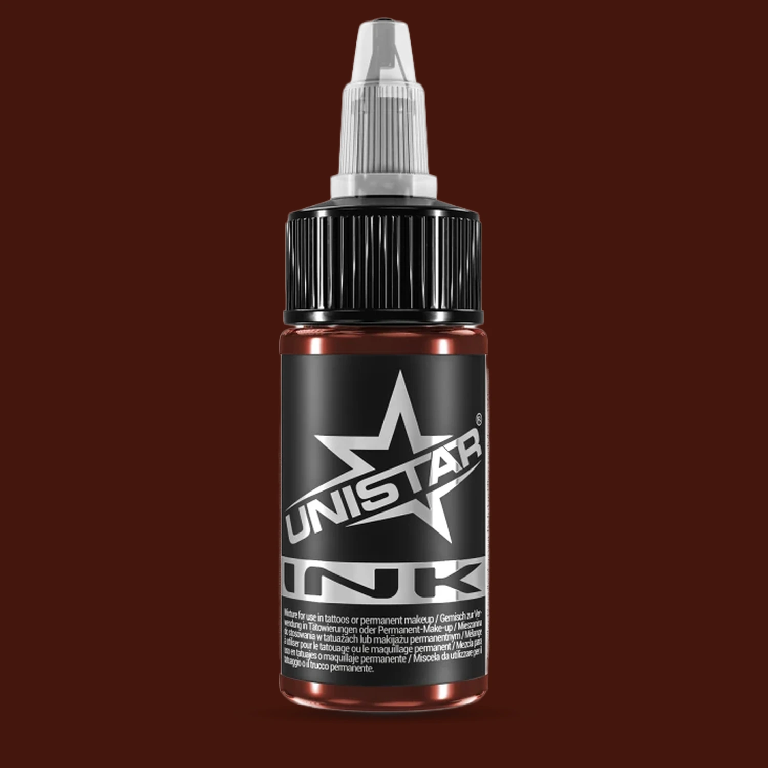 Unistar Basic Brown Tattoofarbe in der 30-ml-Flasche vor einem Hintergrund im Farbton der Farbe, braune Tattoofarbe