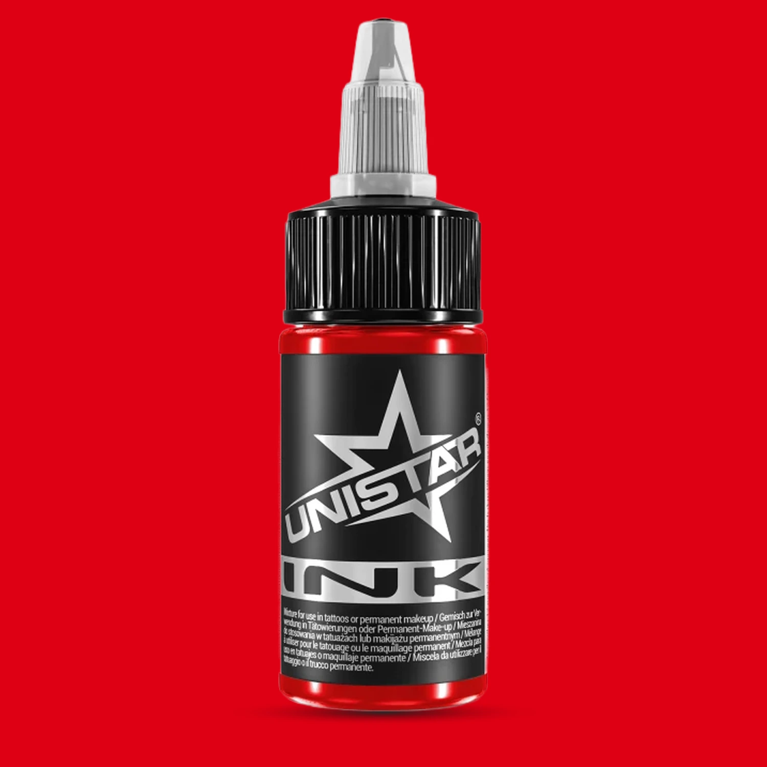 Unistar Top Basic Red Tattoofarbe in der 30-ml-Flasche vor einem Hintergrund im Farbton der Farbe, rote Tattoofarbe