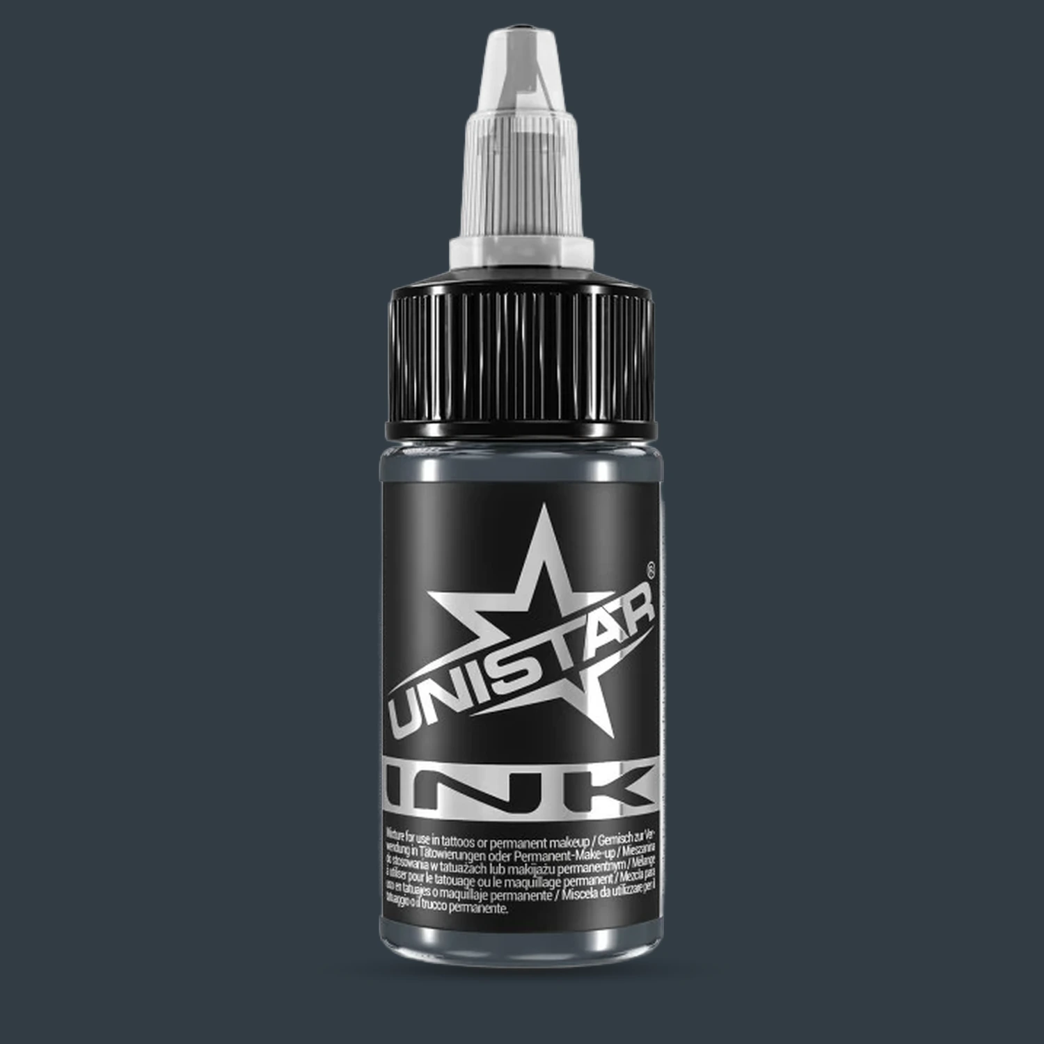 Unistar Blue Gray 2 Tattoofarbe in der 30-ml-Flasche vor einem Hintergrund im Farbton der Farbe, graue Tattoofarbe