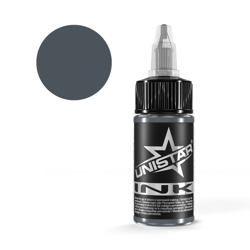 Unistar Blue Gray 3 Tattoofarbe in der 30-ml-Flasche mit Farbmuster, graue Tattoofarbe