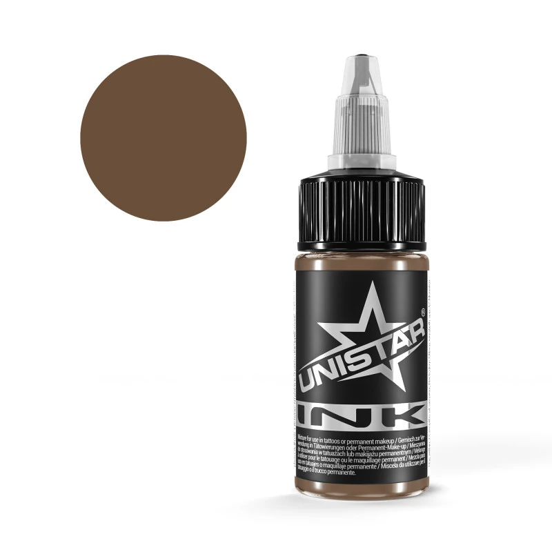 Unistar Tobacco Brown Tattoofarbe in der 30-ml-Flasche mit Farbmuster, braune Tattoofarbe