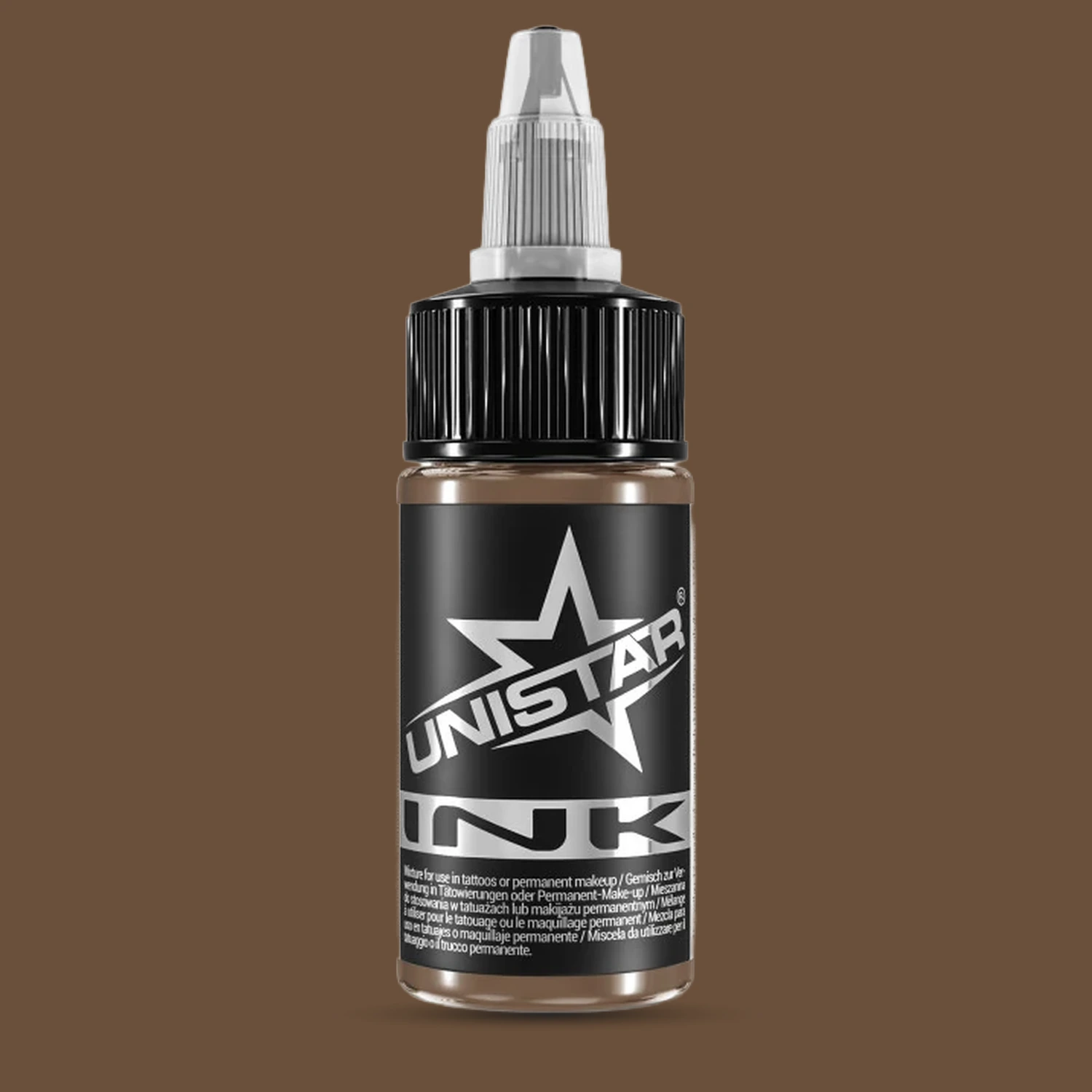 Unistar Tobacco Brown Tattoofarbe in der 30-ml-Flasche vor einem Hintergrund im Farbton der Farbe, braune Tattoofarbe