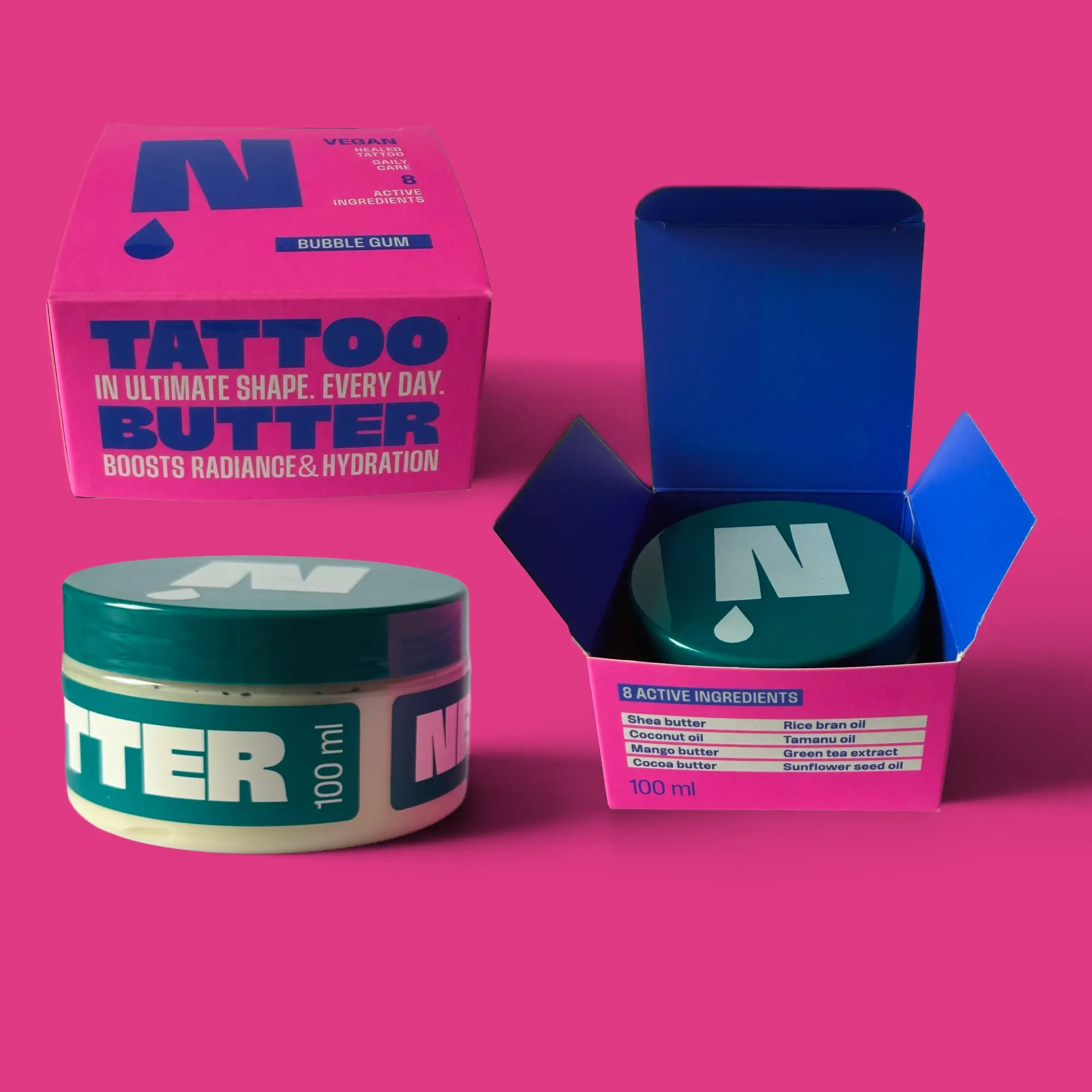 NEBA Tattoo Butter Bubble Gum 100 ml mit geöffneter Verpackung