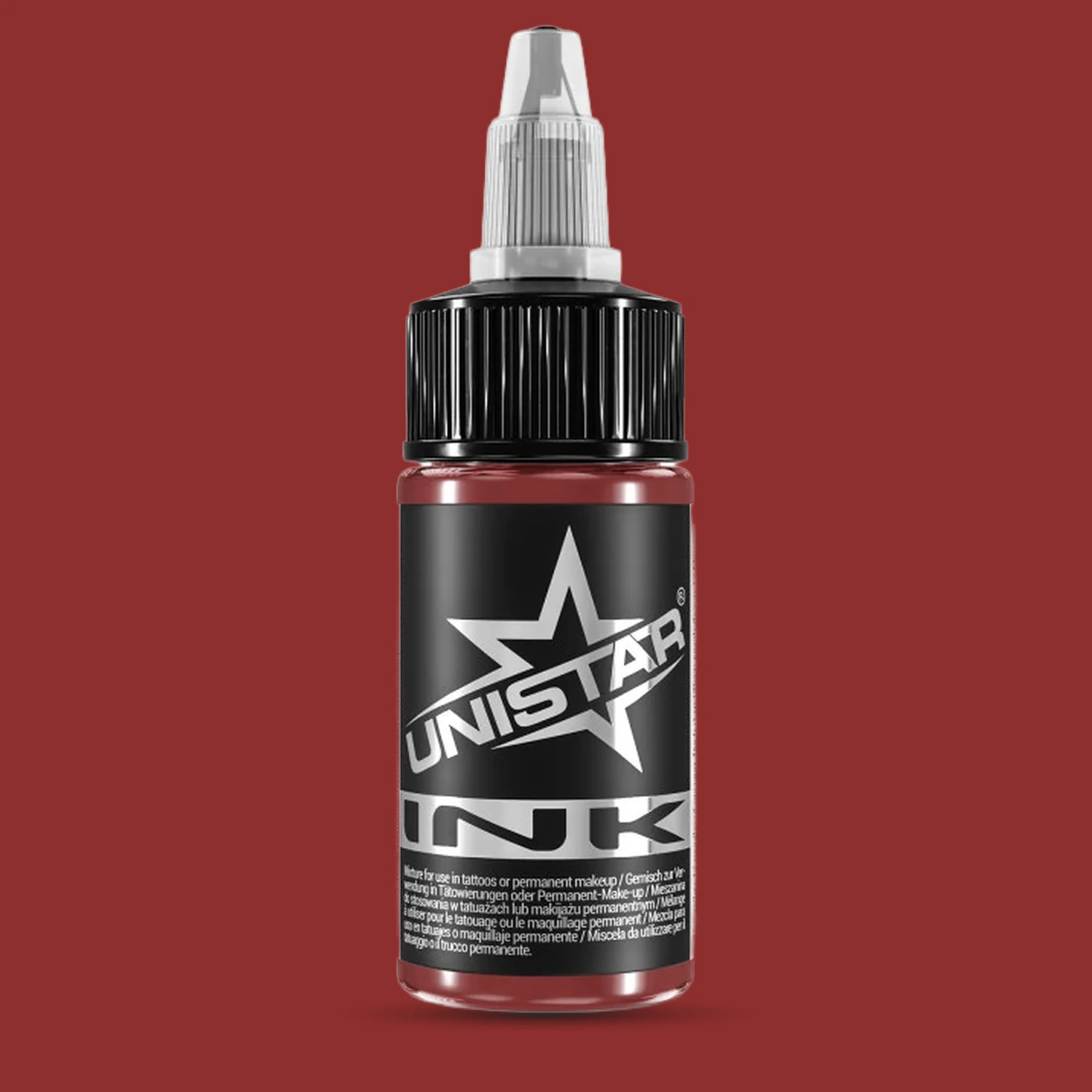 Unistar Ruby Tattoofarbe in der 30-ml-Flasche vor einem Hintergrund im Farbton der Farbe, rote Tattoofarbe