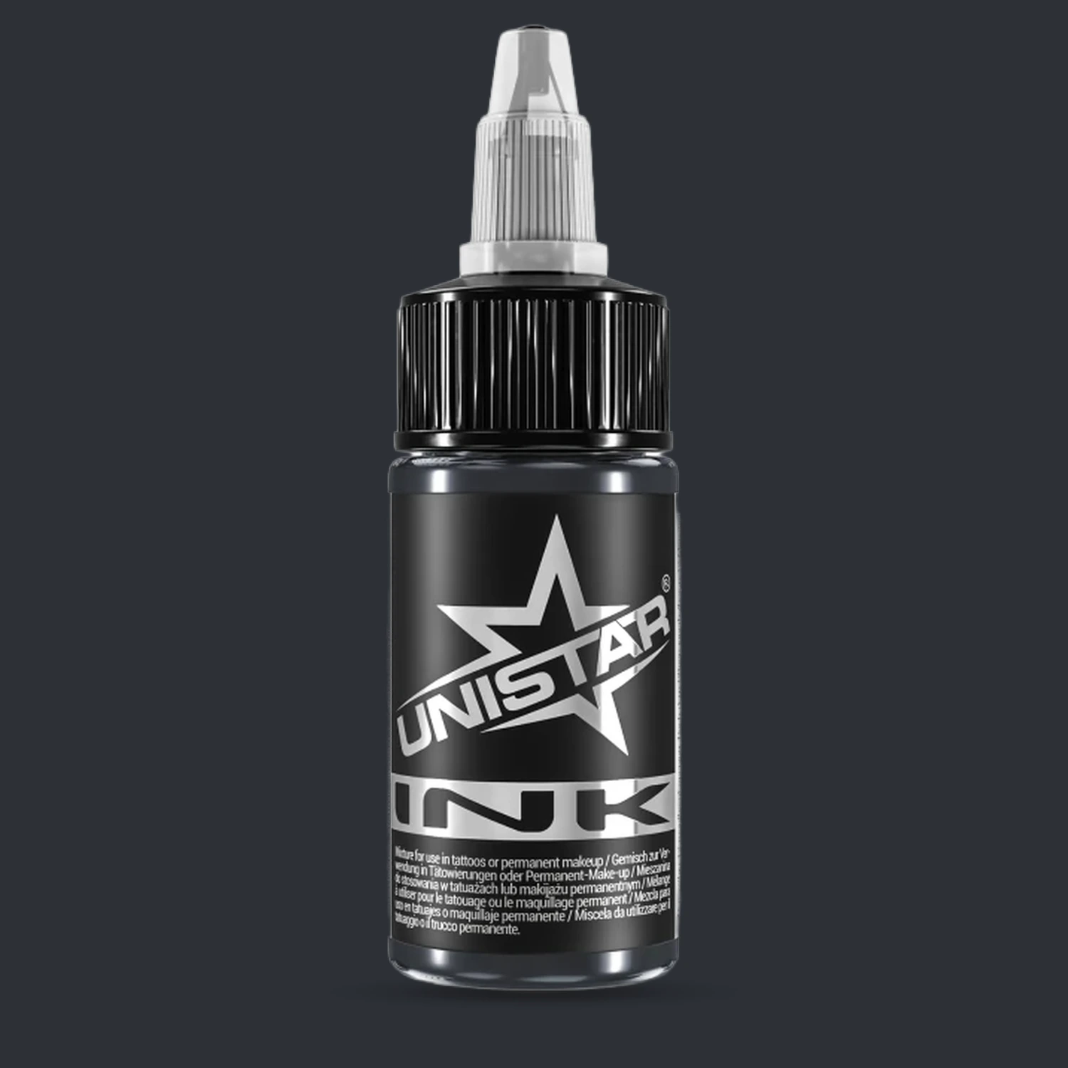 Unistar Basic Gray Dark Tattoofarbe in der 30-ml-Flasche vor einem Hintergrund im Farbton der Farbe, graue Tattoofarbe