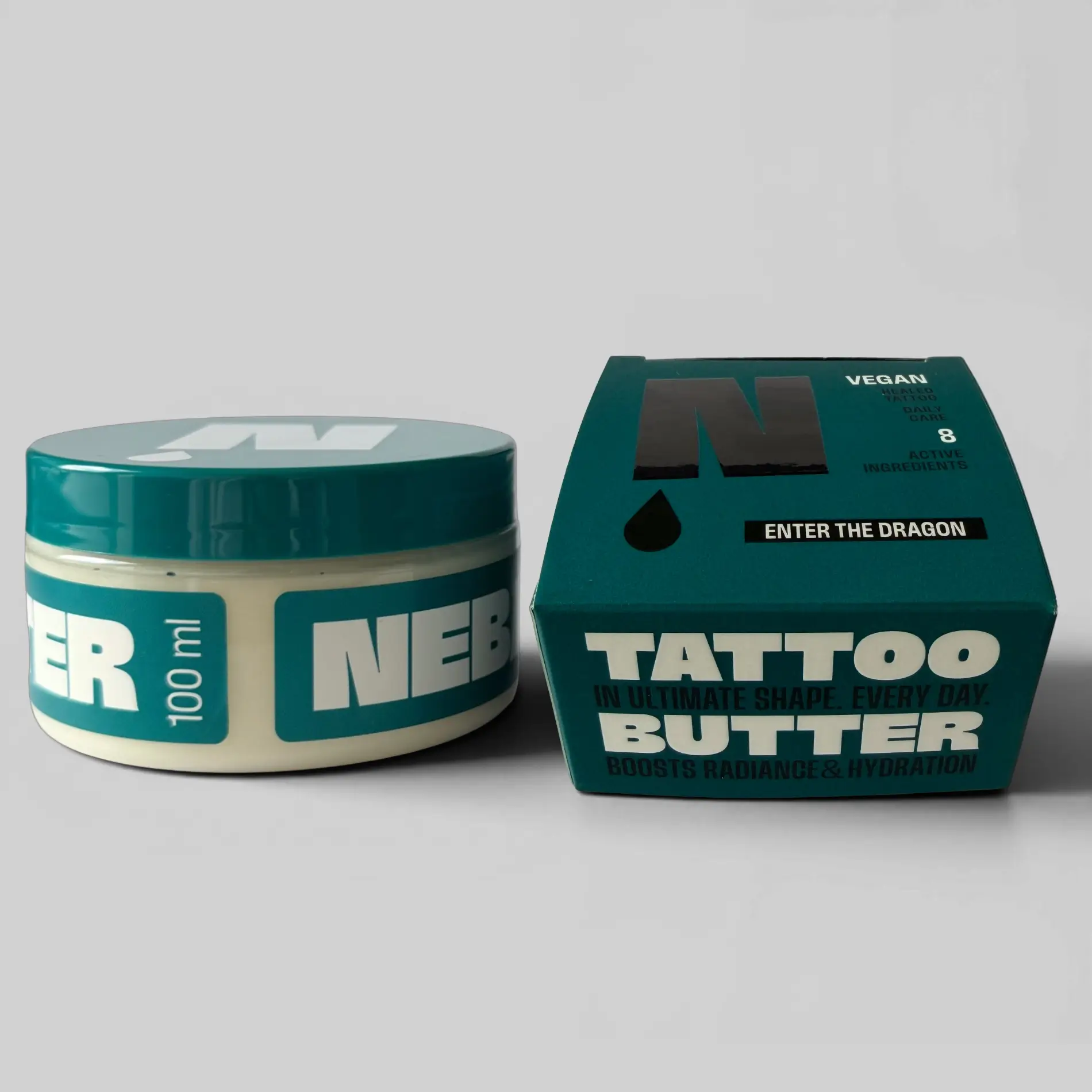 NEBA Tattoo Butter Enter The Dragon 100 ml Frontansicht mit Dose und Verpackung