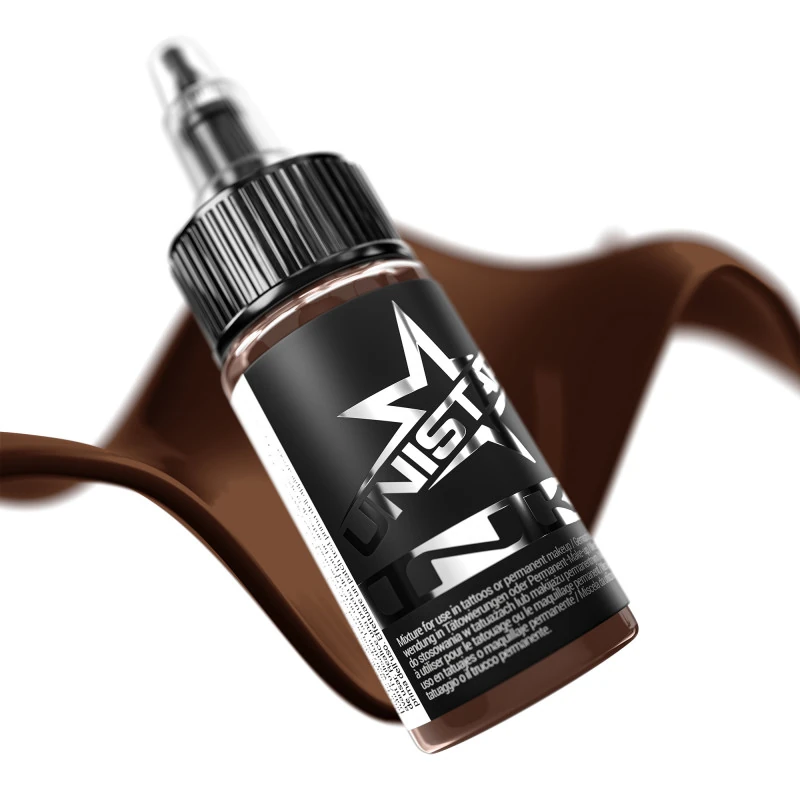 Unistar Basic Brown 2 als Farbschwung um die 30-ml-Flasche, braune Tattoofarbe