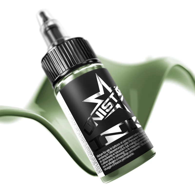Unistar Dark Green als Farbschwung um die 30-ml-Flasche, grüne Tattoofarbe