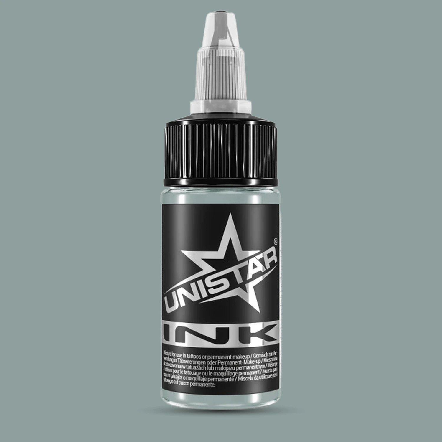 Unistar Light Grayish Green Tattoofarbe in der 30-ml-Flasche vor einem Hintergrund im Farbton der Farbe, graue Tattoofarbe