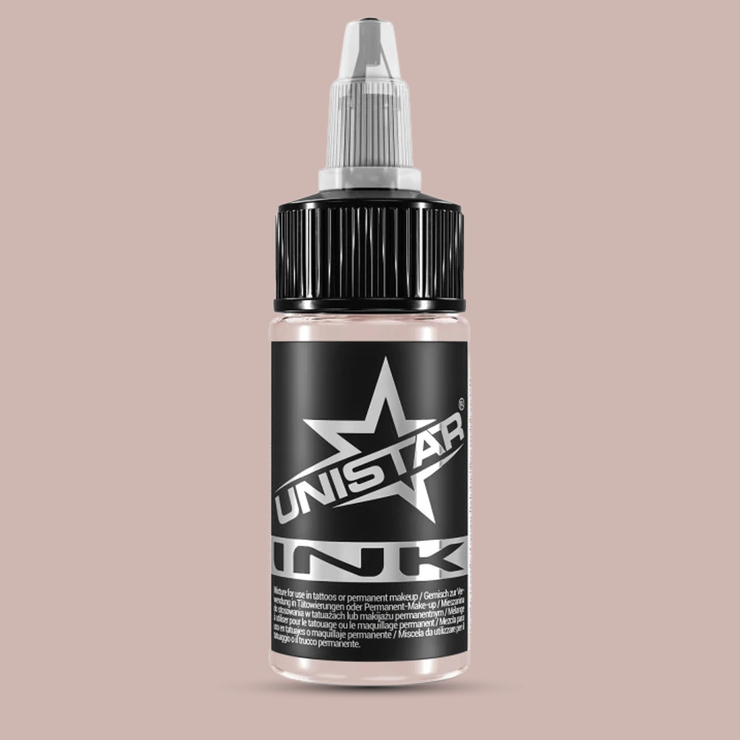 Unistar Skintone 5 Tattoofarbe in der 30-ml-Flasche vor einem Hintergrund im Farbton der Farbe, Tattoofarbe im Hautton