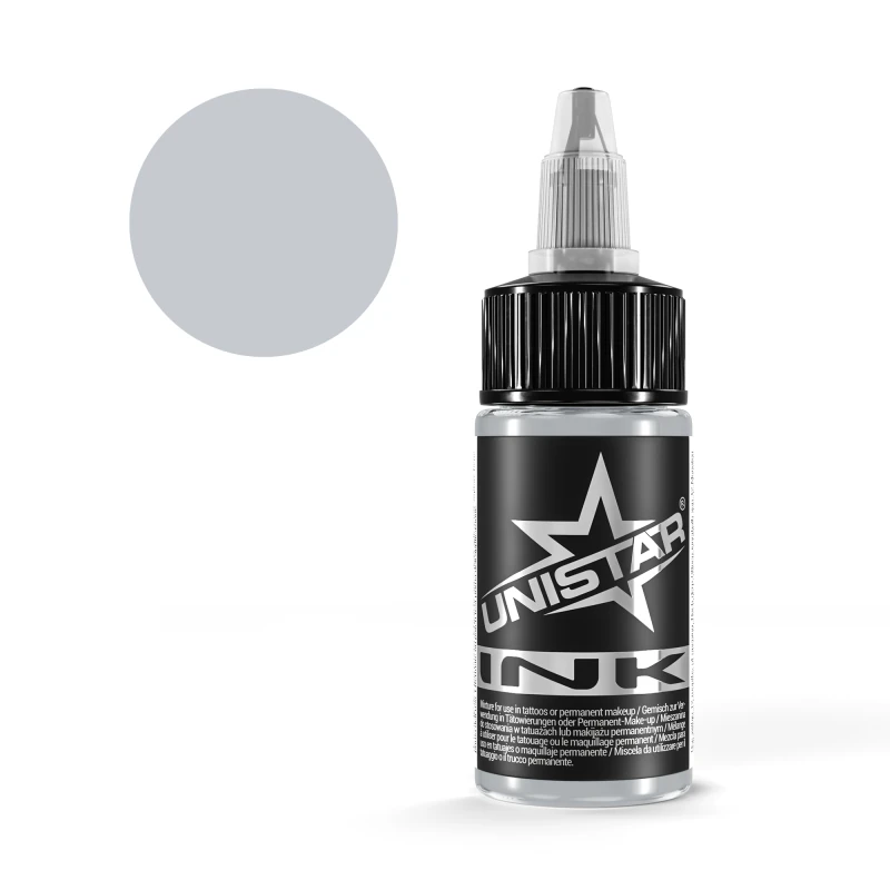 Unistar Basic Gray Light Tattoofarbe in der 30-ml-Flasche mit Farbmuster, graue Tattoofarbe