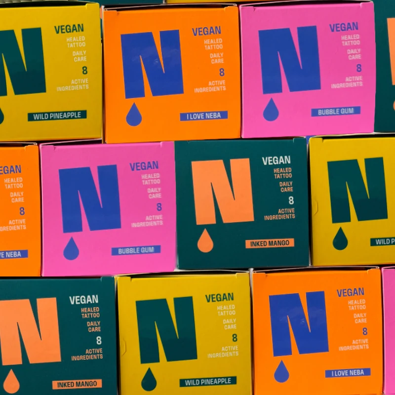 Neba Tattoo Butter Verpackungen in den Sorten Wild Pineapple, I Love Neba, Bubble Gum und Inked Mango
