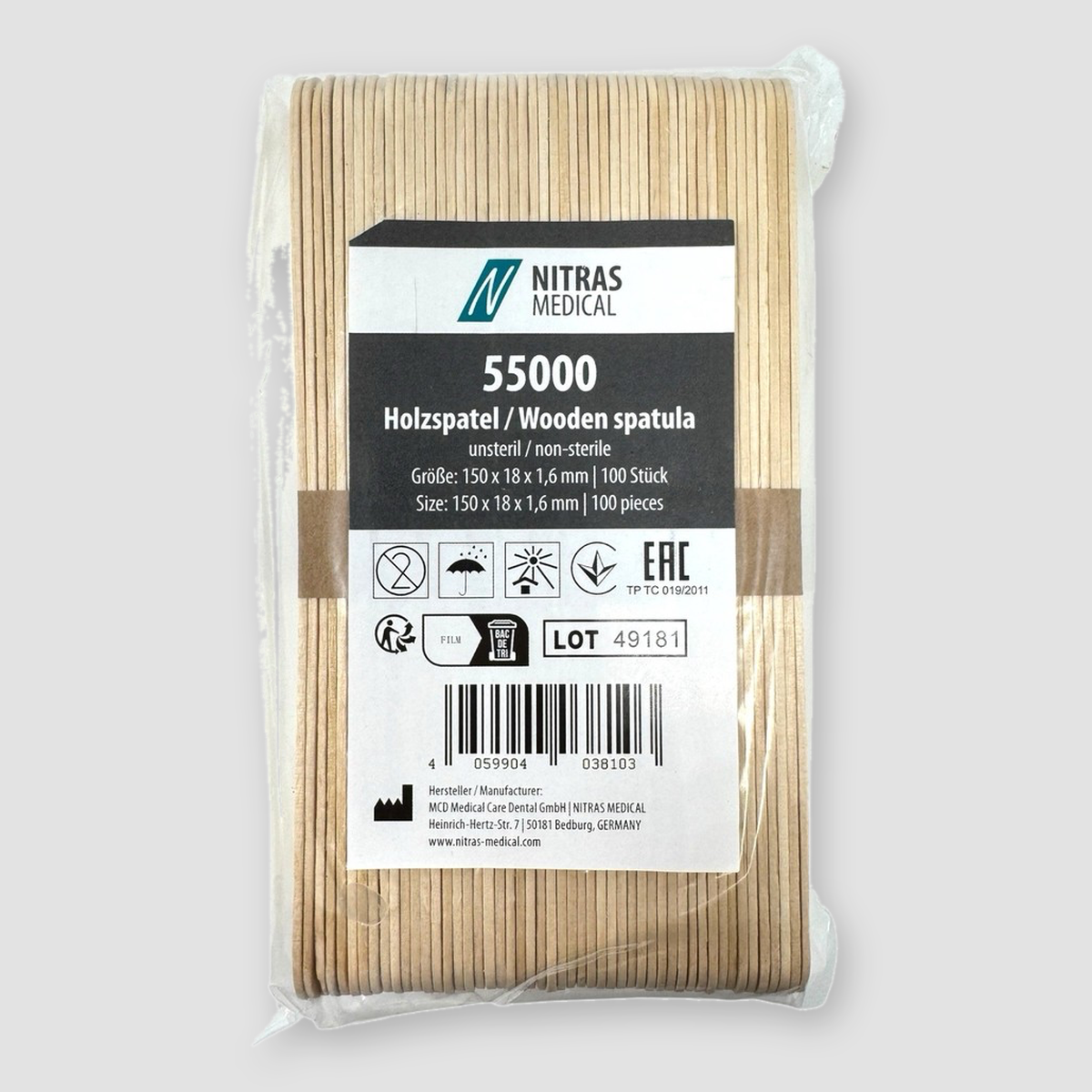 Nitras Holzspatel 55000 aus Birkenholz in der Packung, unsteril, 100 Stück, 150 x 18 mm