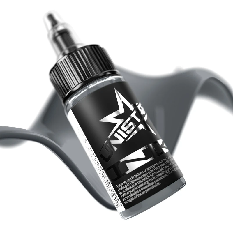 Unistar Solid Gray #3 als Farbschwung um die 30-ml-Flasche, graue Tattoofarbe