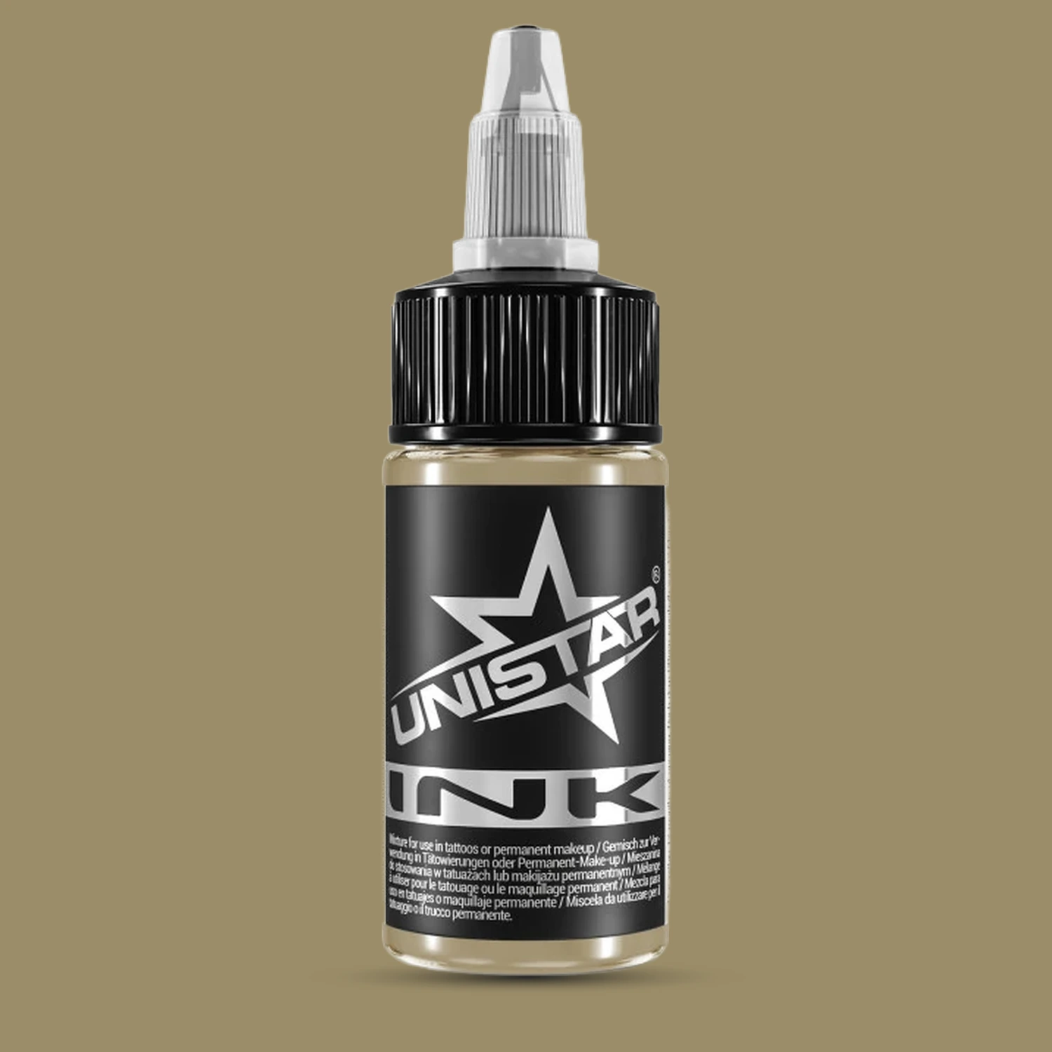 Unistar Yellow-Green Tattoofarbe in der 30-ml-Flasche vor einem Hintergrund im Farbton der Farbe, grüne Tattoofarbe