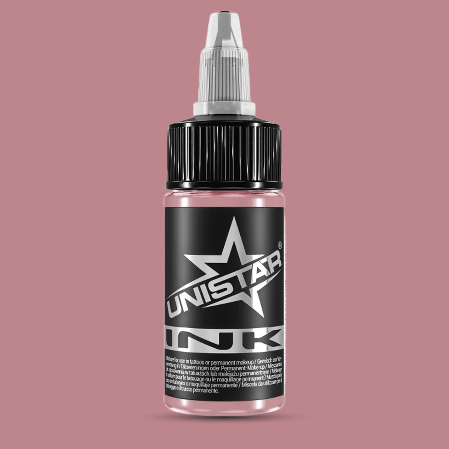 Unistar Skintone 1 Tattoofarbe in der 30-ml-Flasche vor einem Hintergrund im Farbton der Farbe, Tattoofarbe im Hautton