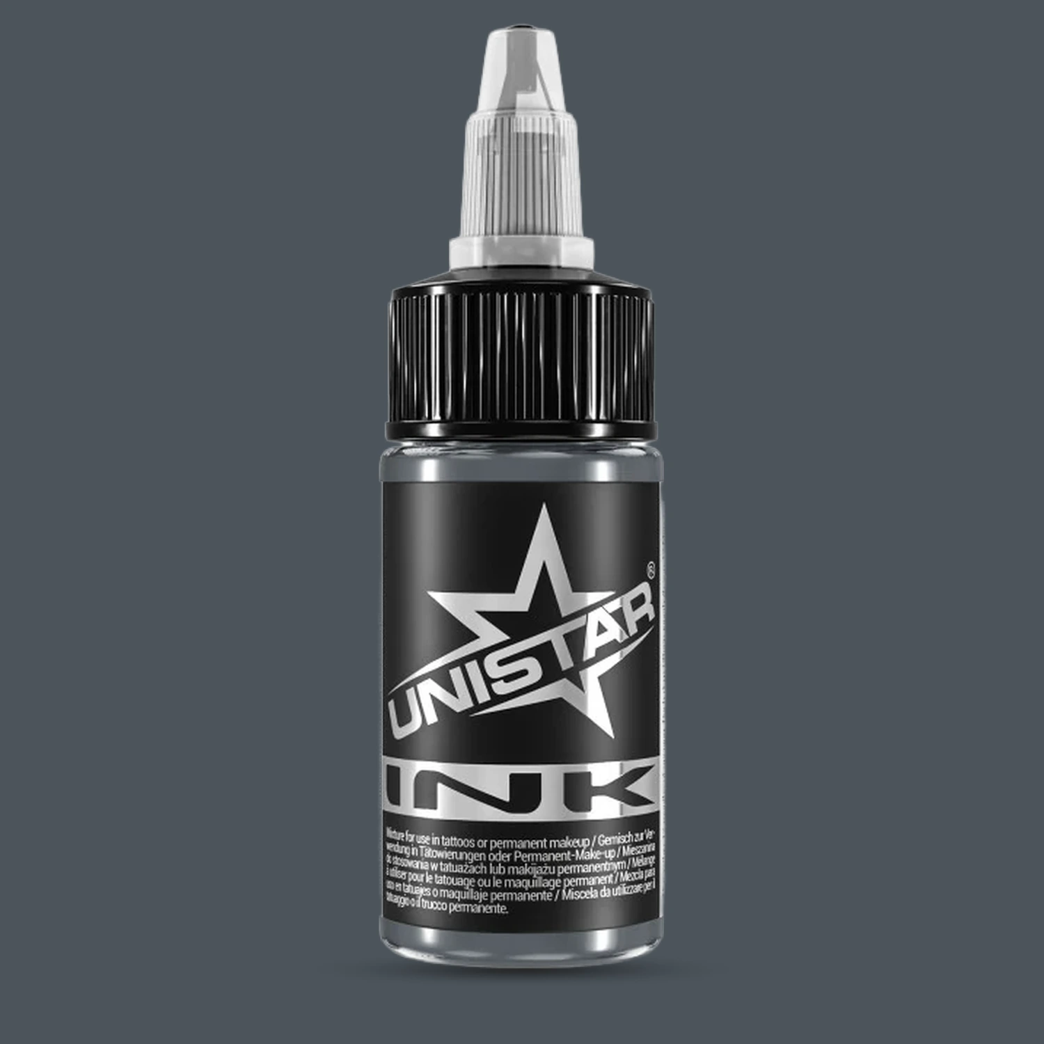 Unistar Blue Gray 3 Tattoofarbe in der 30-ml-Flasche vor einem Hintergrund im Farbton der Farbe, graue Tattoofarbe