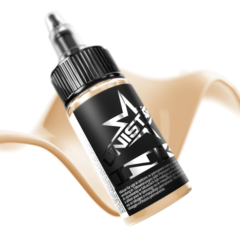 Unistar Beige als Farbschwung um die 30-ml-Flasche, braune Tattoofarbe