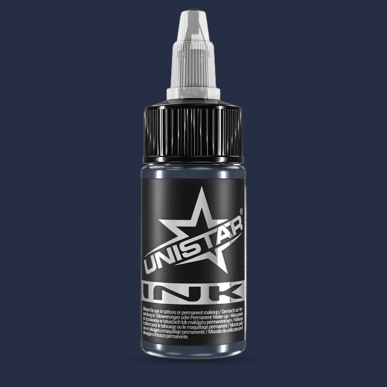 Unistar Blue Gray 4 Tattoofarbe in der 30-ml-Flasche vor einem Hintergrund im Farbton der Farbe, graue Tattoofarbe