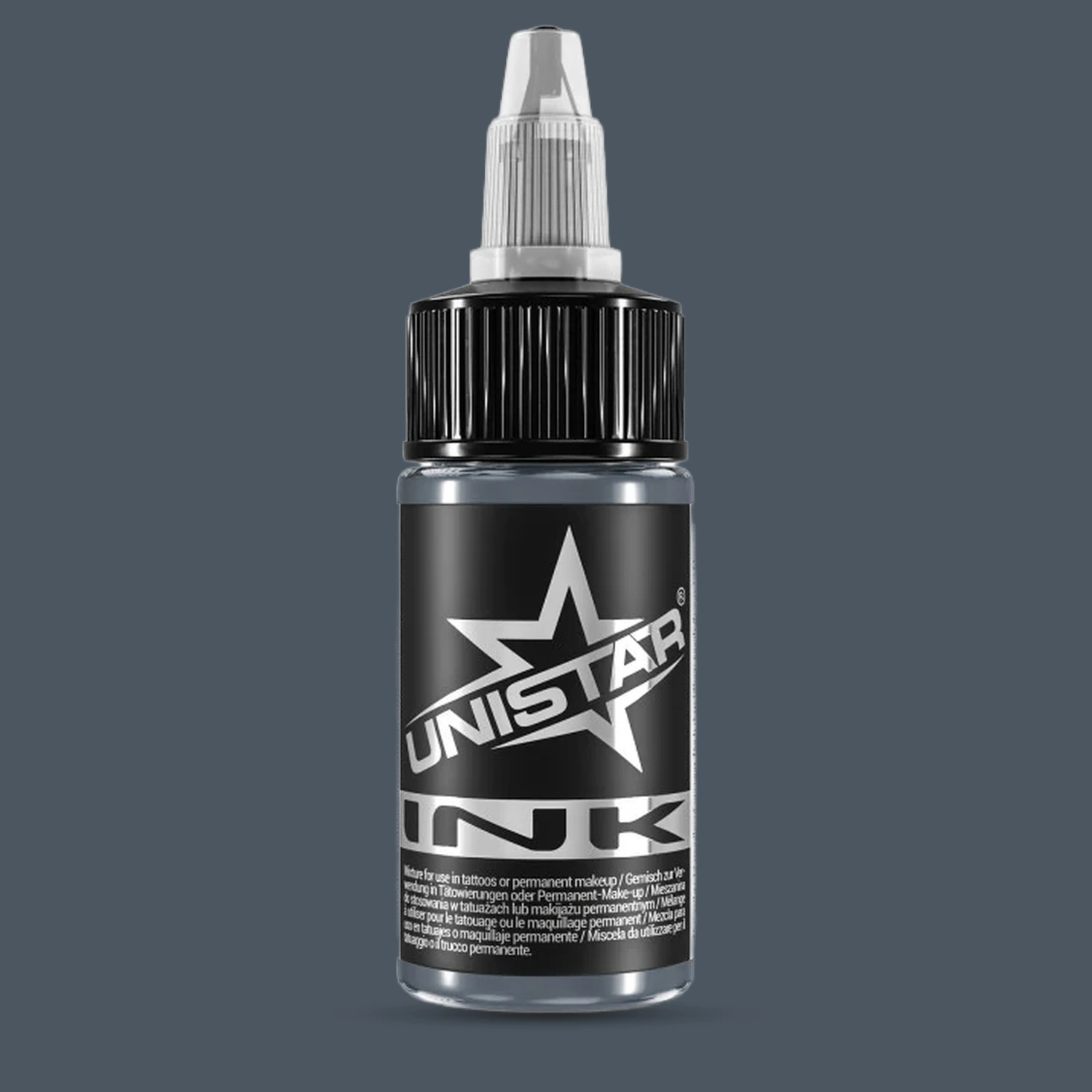 Unistar Blue Gray 1 Tattoofarbe in der 30-ml-Flasche vor einem Hintergrund im Farbton der Farbe, graue Tattoofarbe
