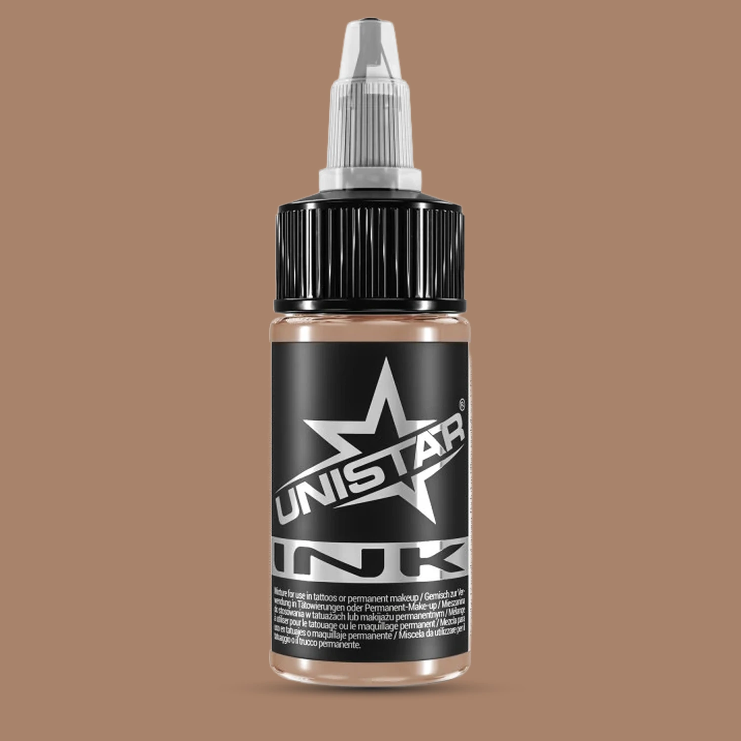 Unistar Skintone 4 Tattoofarbe in der 30-ml-Flasche vor einem Hintergrund im Farbton der Farbe, Tattoofarbe im Hautton