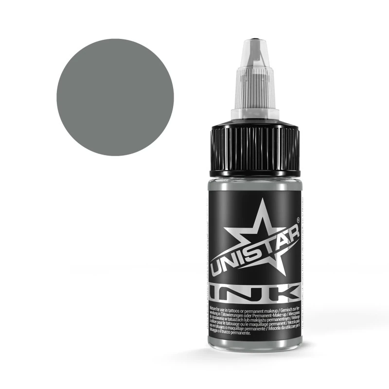 Unistar Solid Gray #2 Tattoofarbe in der 30-ml-Flasche mit Farbmuster, graue Tattoofarbe