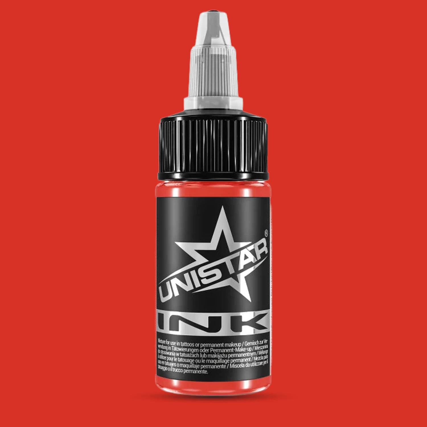 Unistar Basic Red Tattoofarbe in der 30-ml-Flasche vor einem Hintergrund im Farbton der Farbe, rote Tattoofarbe