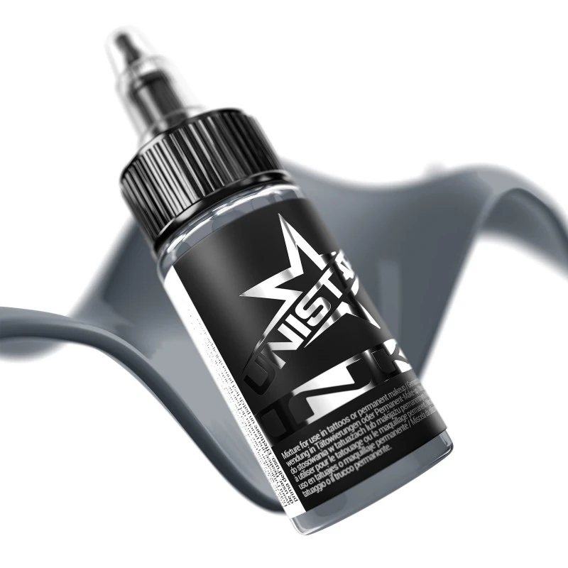 Unistar Basic Gray Medium Dark als Farbschwung um die 30-ml-Flasche, graue Tattoofarbe