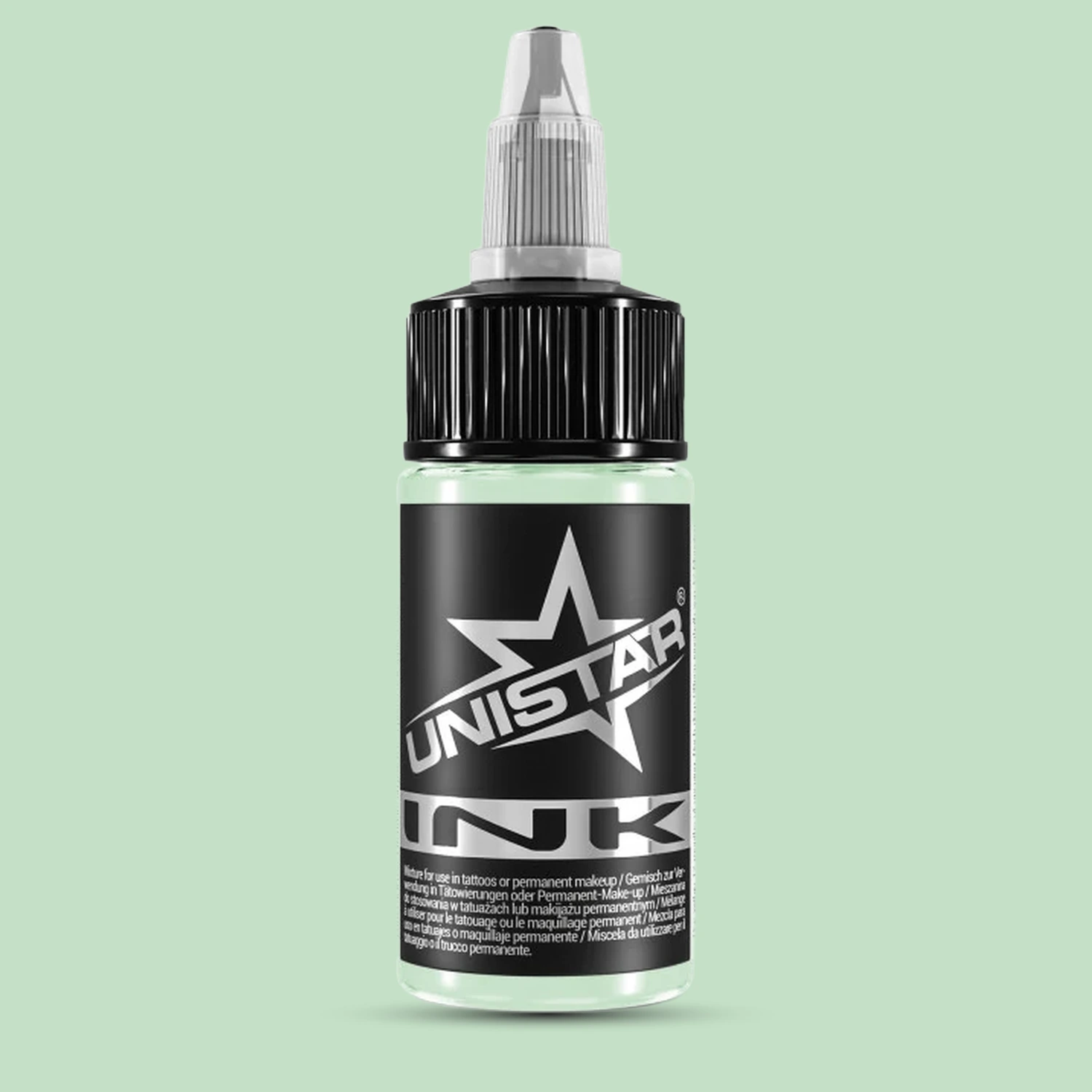 Unistar Fresh Peppermint Tattoofarbe in der 30-ml-Flasche vor einem Hintergrund im Farbton der Farbe, grüne Tattoofarbe