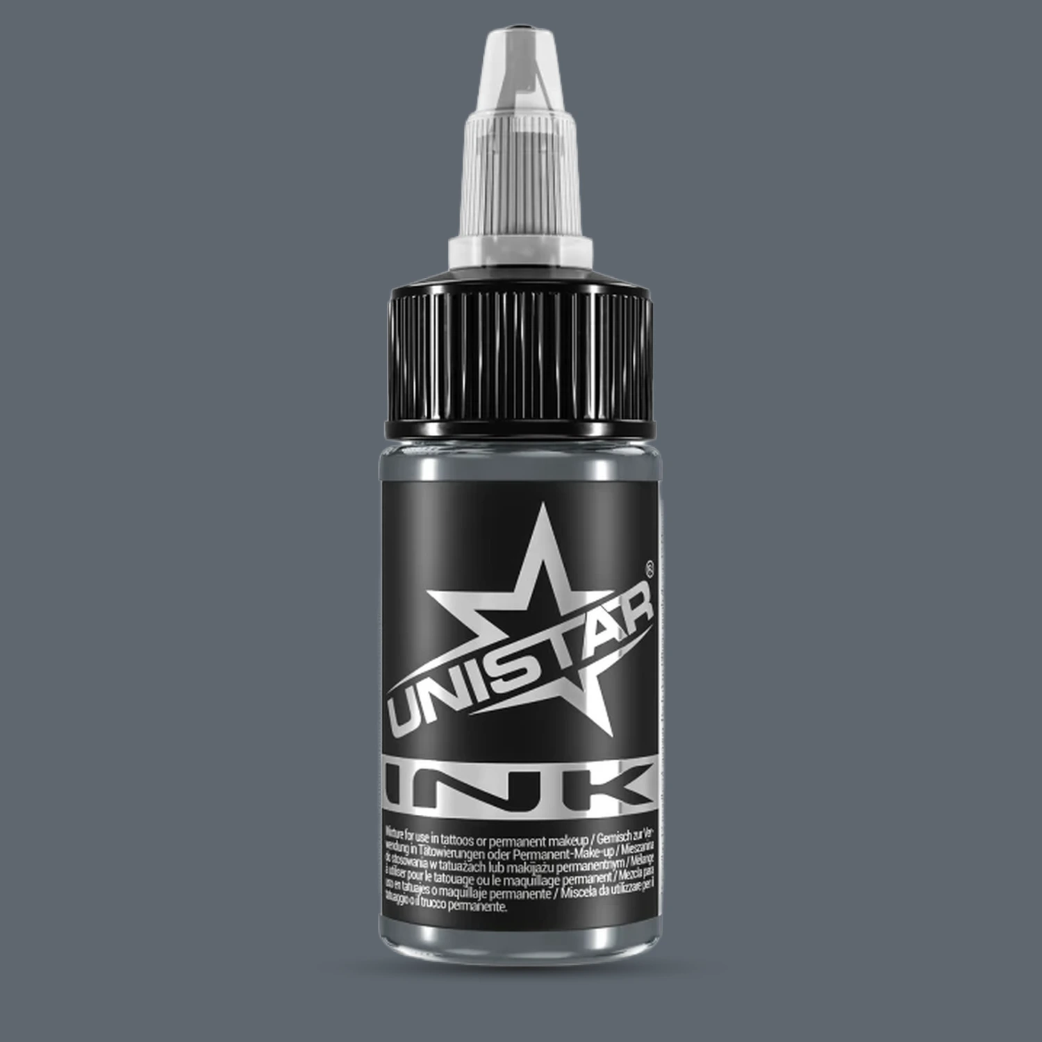 Unistar Basic Gray Medium Dark Tattoofarbe in der 30-ml-Flasche vor einem Hintergrund im Farbton der Farbe, graue Tattoofarbe
