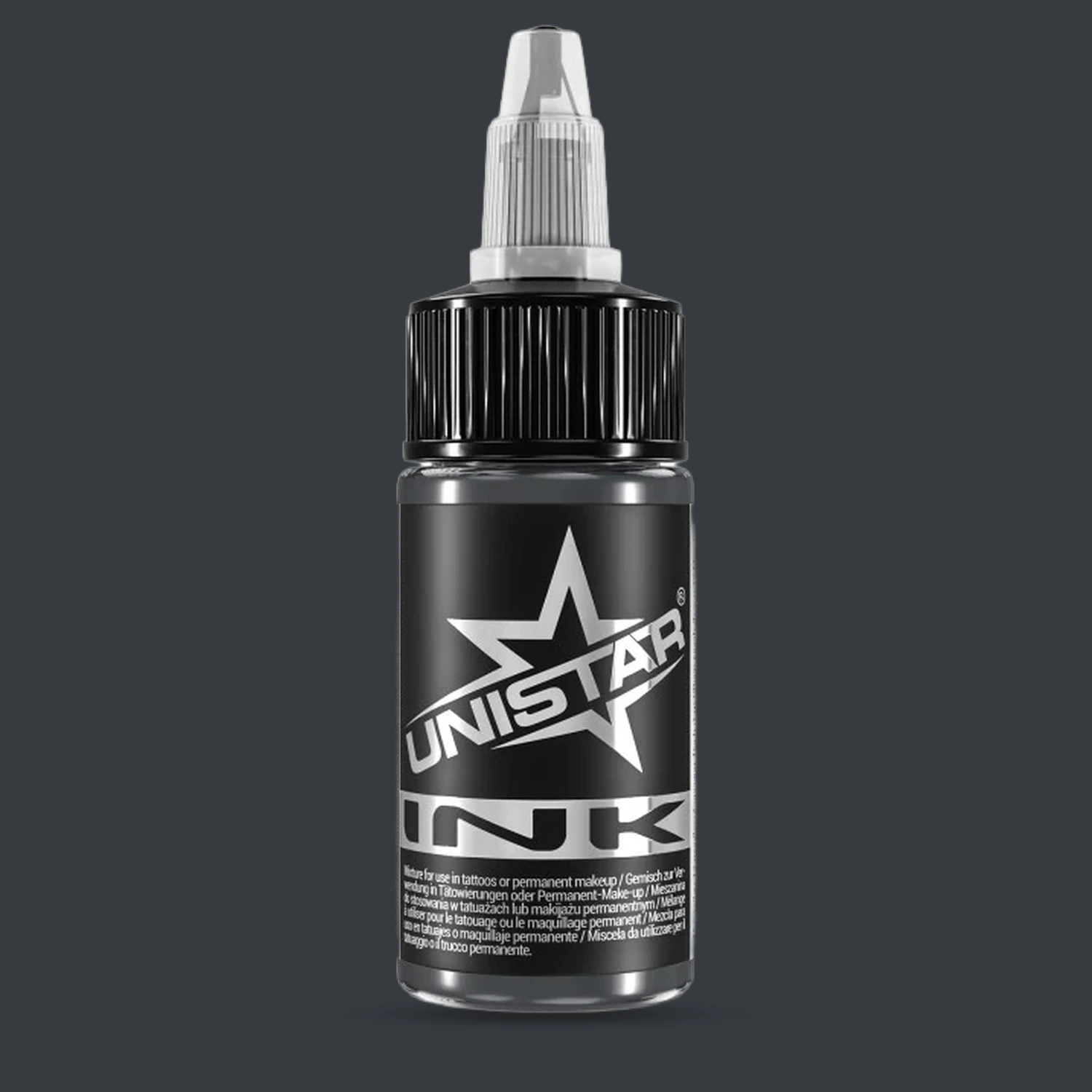 Unistar Solid Gray #5 Tattoofarbe in der 30-ml-Flasche vor einem Hintergrund im Farbton der Farbe, graue Tattoofarbe