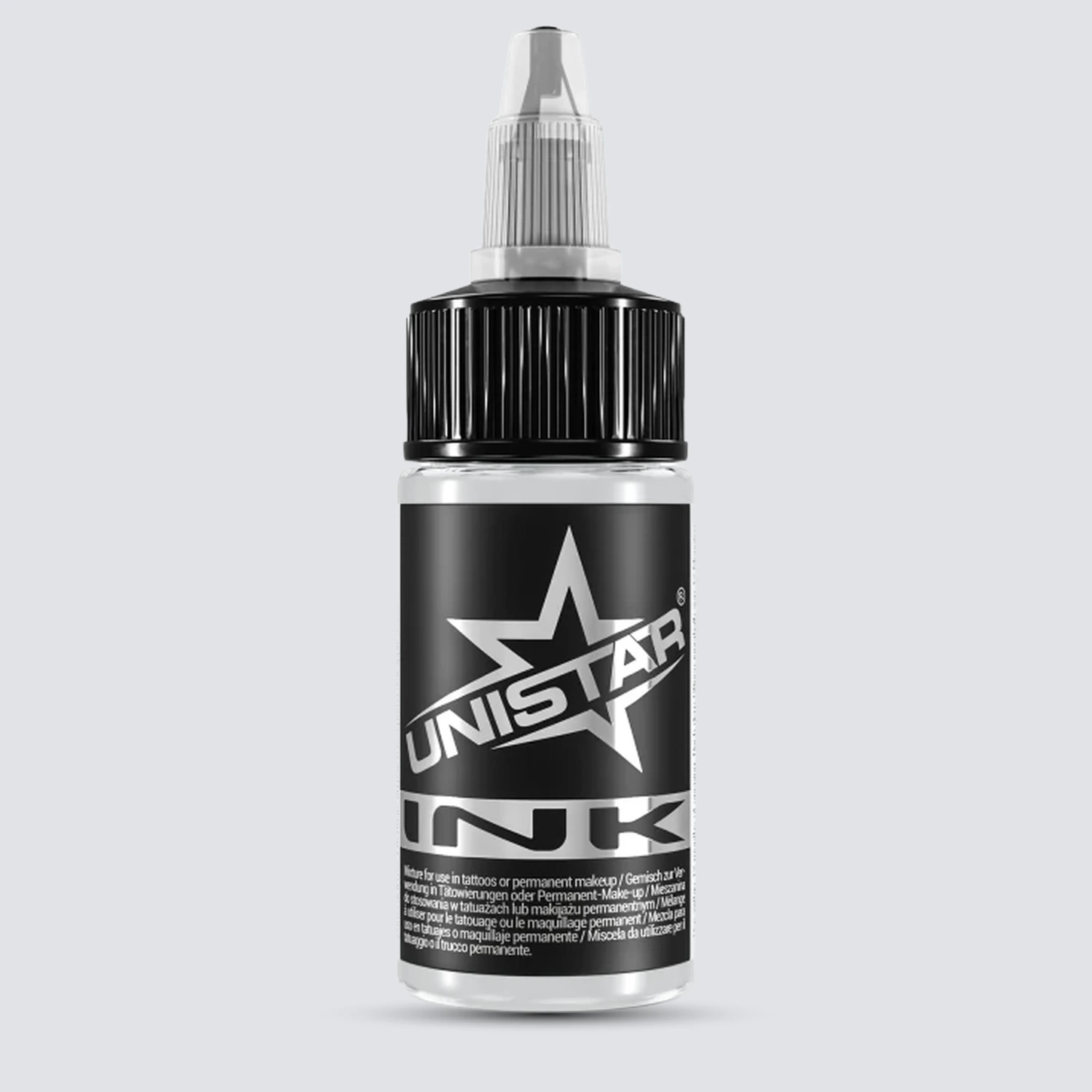 Unistar Basic Gray Ultra Light Tattoofarbe in der 30-ml-Flasche vor einem Hintergrund im Farbton der Farbe, graue Tattoofarbe