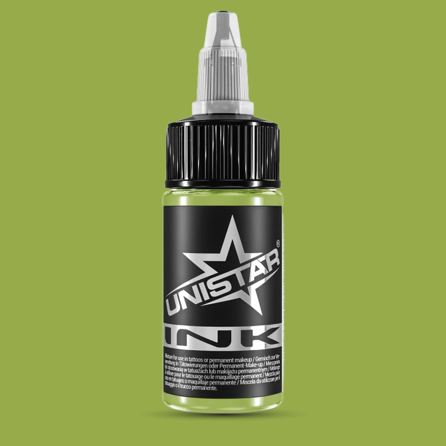 Unistar Green Whisper Tattoofarbe in der 30-ml-Flasche vor einem Hintergrund im Farbton der Farbe, grüne Tattoofarbe