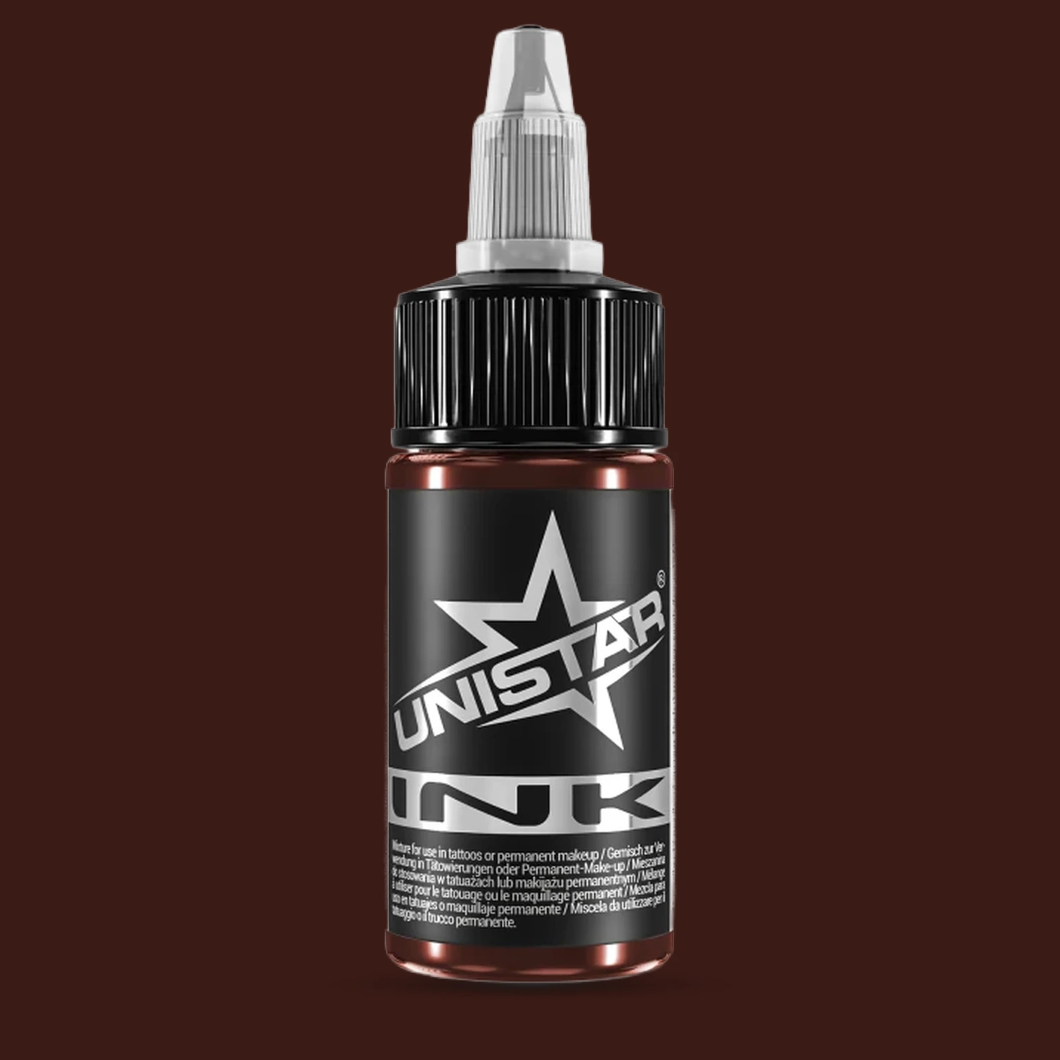 Unistar Chocolate Tattoofarbe in der 30-ml-Flasche vor einem Hintergrund im Farbton der Farbe, braune Tattoofarbe